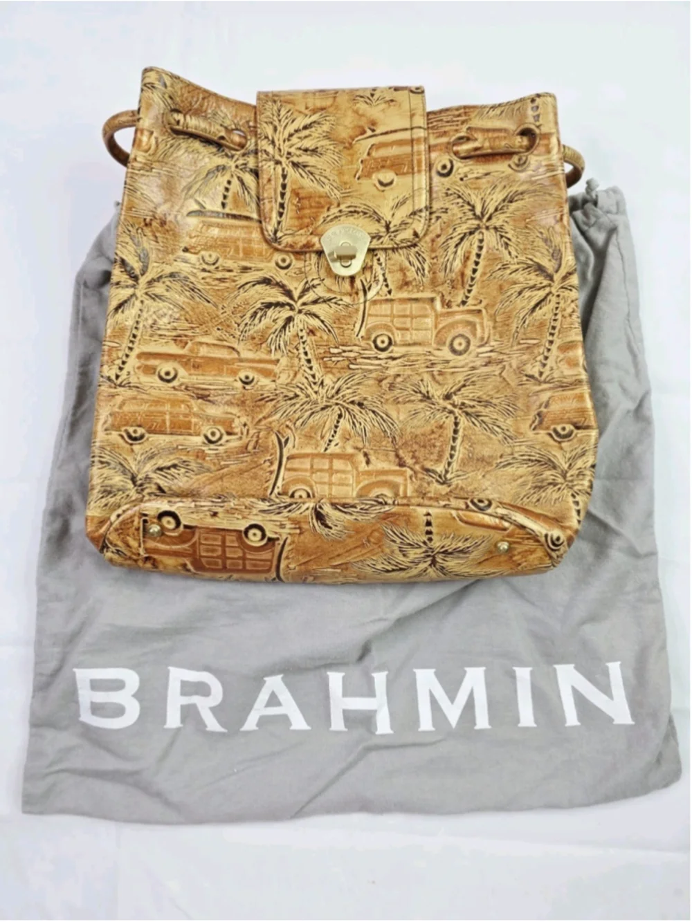 Y2K Brahmin Copper Copa Cabana Embossed Leather Backpack Purse Palm Tree Retro